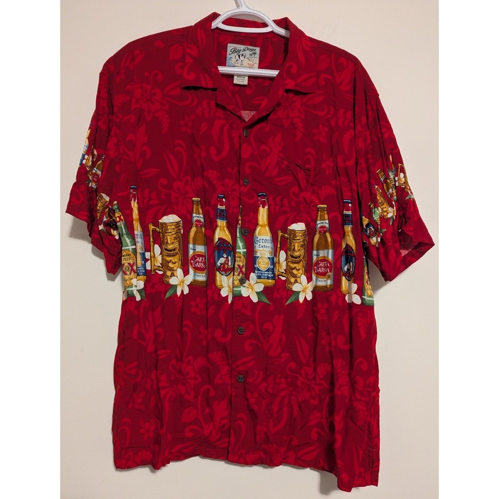 Big Dog Hawaiian Shirt Men's Medium Short Sleeve Red Beer Corona Luau Tiki Party